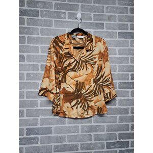 kathy Che‎ Vintage Womens Palm Print 3/4 Sleeve Collared Button-Up Shirt Size 12